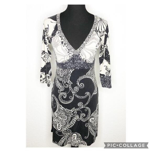 Hale Bob black cream gray mixed floral butterfly print silk dress size Small - Picture 1 of 12